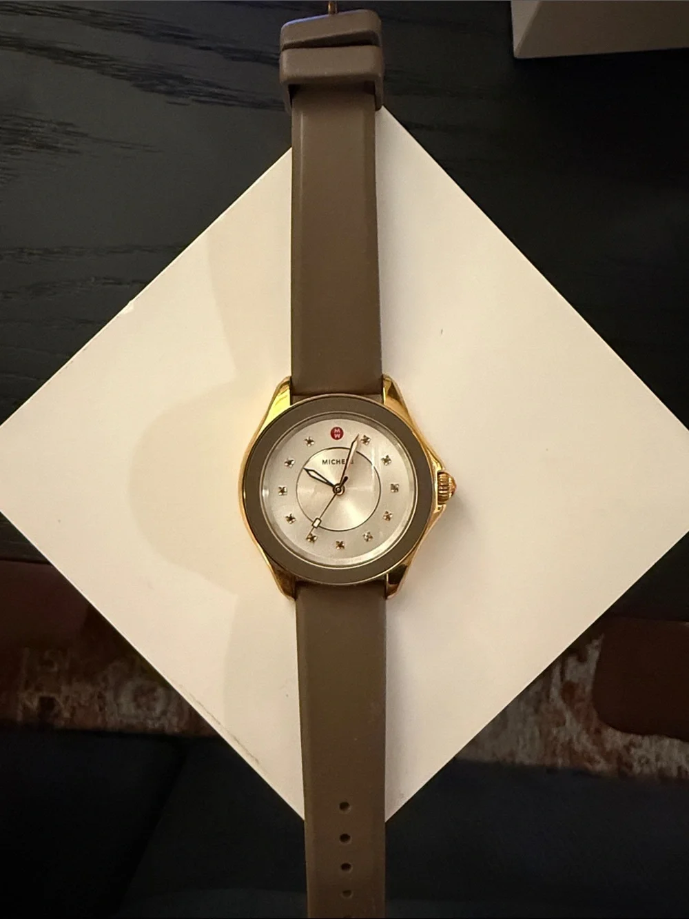 Michele Gold-Tone Watch with Taupe Bezel and Brown Leather Strap